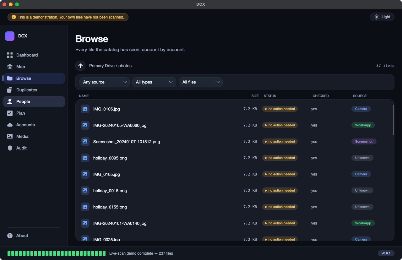A file list with a Source column labelling each photo as Camera, WhatsApp, Screenshot or Unknown.