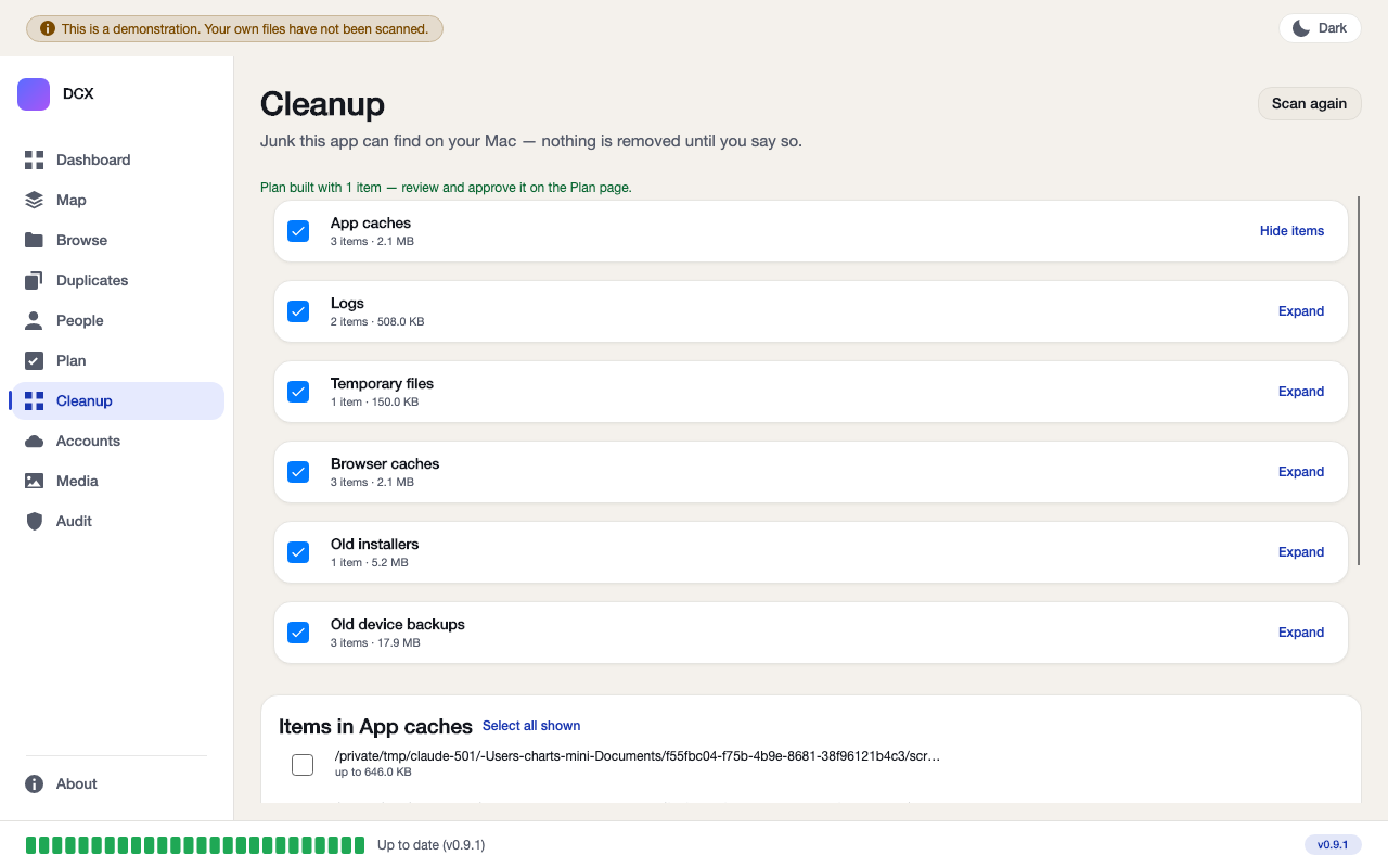 The Cleanup screen listing six groups of junk found on the Mac: app caches, logs, temporary files, browser caches, old installers, old device backups.