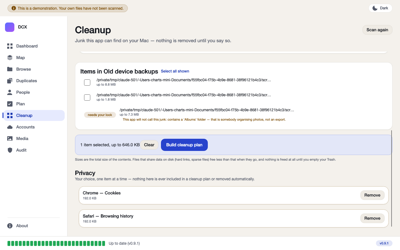 The Cleanup screen showing a needs-your-look tag on an old device backup item, plus a separate Privacy section offering to remove Chrome cookies or Safari browsing history one at a time.