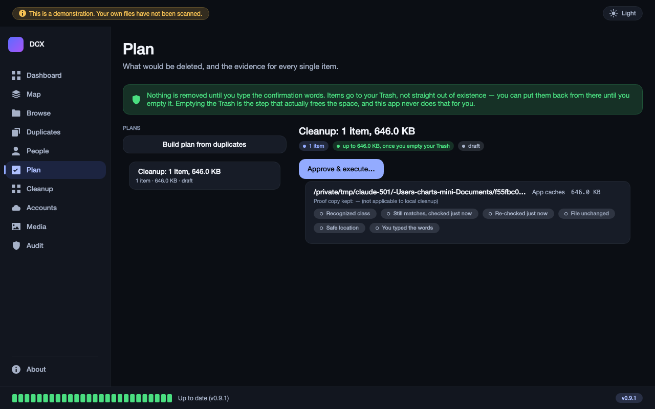 A cleanup plan built from the selected items, ready for review before anything is removed.
