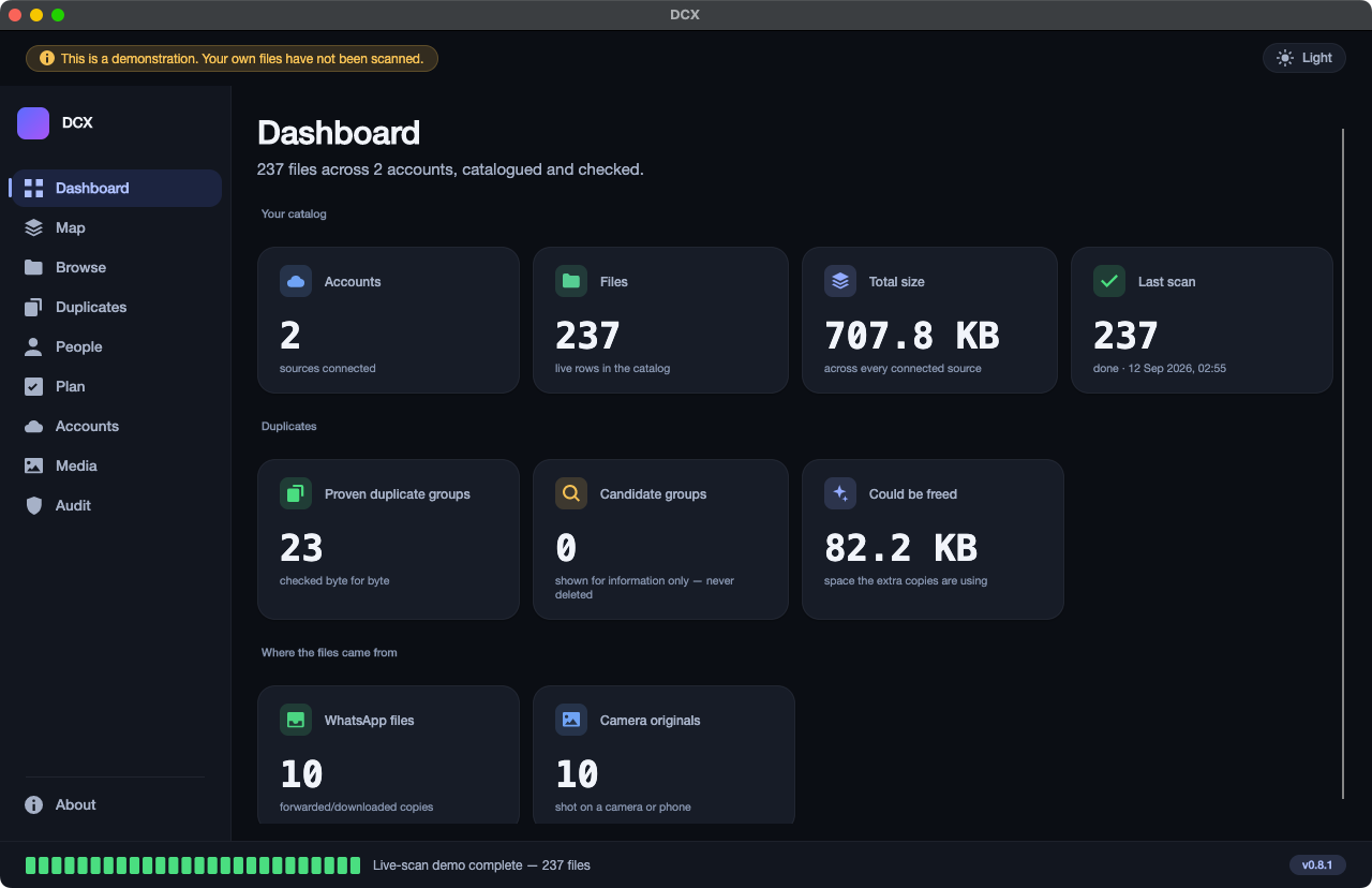 The Dashboard: number of accounts, files, total size, duplicates found and space that could be freed.