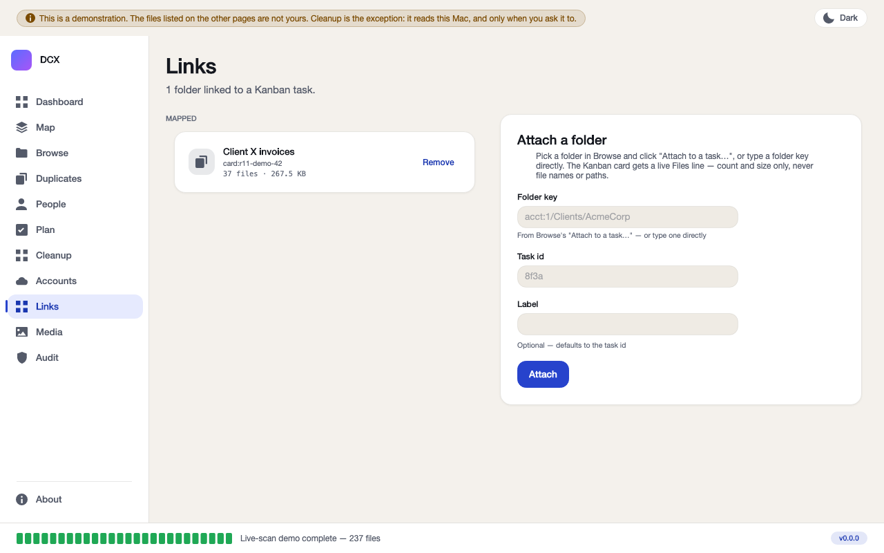 The Links screen showing one folder, Client X invoices, mapped to a Kanban task with a file count and total size.