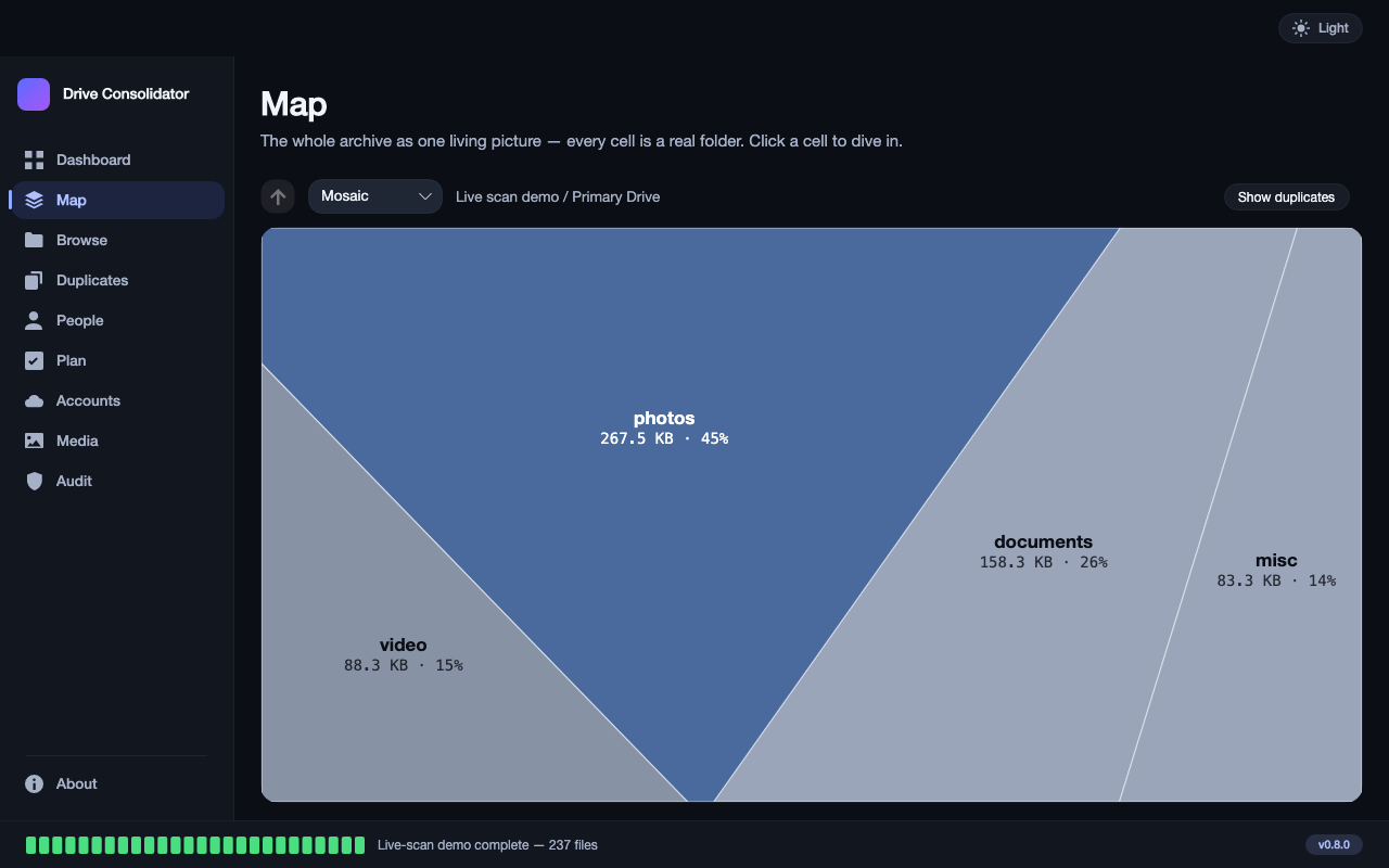 The Map view, Mosaic style: the same drive drawn as nested triangular blocks sized to match their space.