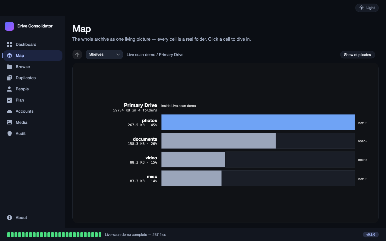 The Map view: every drive and folder drawn as one picture, split into photos, documents, video and other files.
