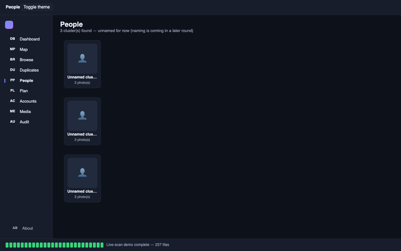 The People screen showing three unnamed groups of photos, each grouped automatically by face.