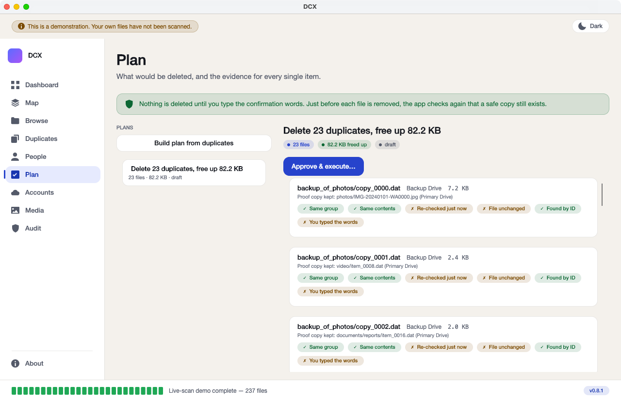 The Plan screen listing files to be deleted, each with its six checks and the proof copy that will be kept.